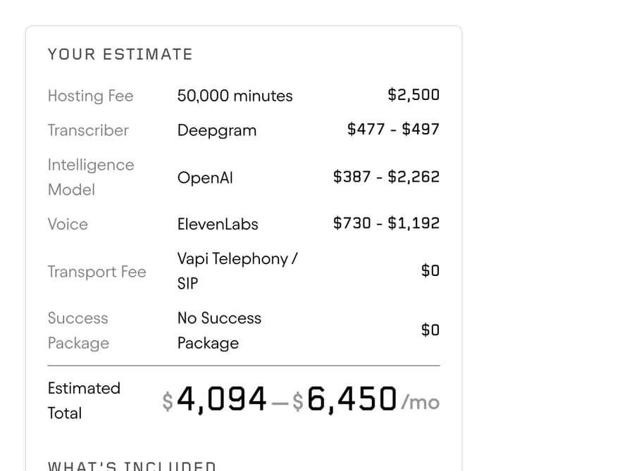 Our Vapi calculator run (Sept 19, 2026): 50,000 minutes estimated at $4,094–$6,450 a month