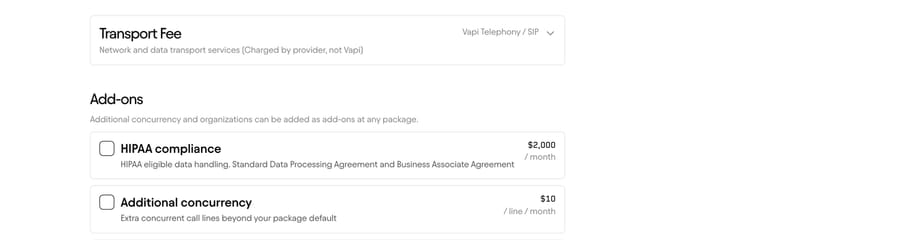 Vapi add-ons (Sept 19, 2026): HIPAA $2,000 a month, extra concurrency $10 per line a month