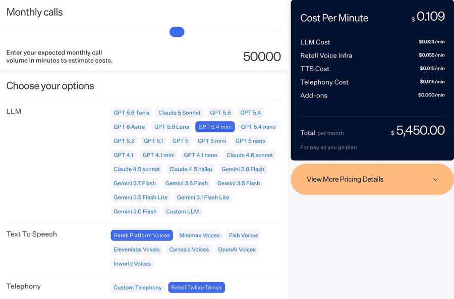 Our Retell calculator run (Sept 19, 2026): 50,000 minutes on GPT 5.4 mini is $5,450 before add-ons