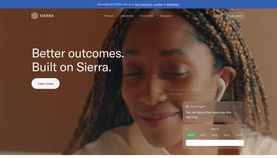 Sierra homepage on 19 Sep 2026: nav shows Product, Industries, Customers, Company and no pricing link