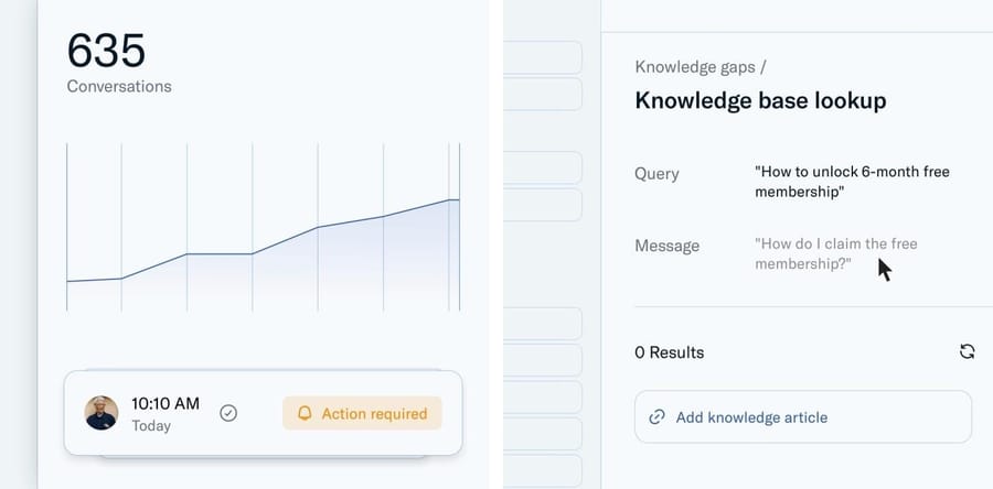 Sierra Insights knowledge-gap view and a conversation count panel, from Sierra's product pages