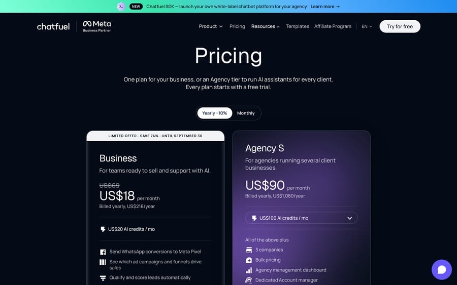 Chatfuel pricing, billed yearly, Sep 19 2026: Business $18 a month (list $69) and Agency S $90