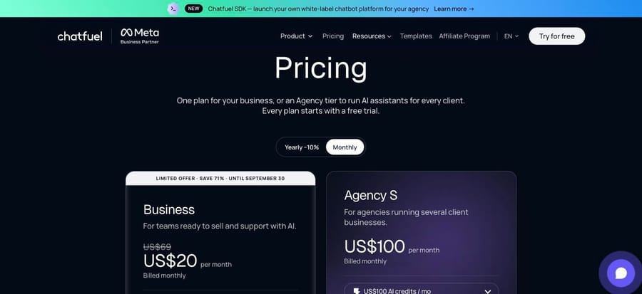 Chatfuel monthly billing view: Business $20 a month with $69 struck through, Agency S $100