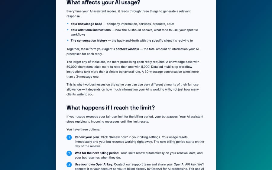 Chatfuel usage limits page: when the fair-use limit is reached, the bot pauses; three options follow