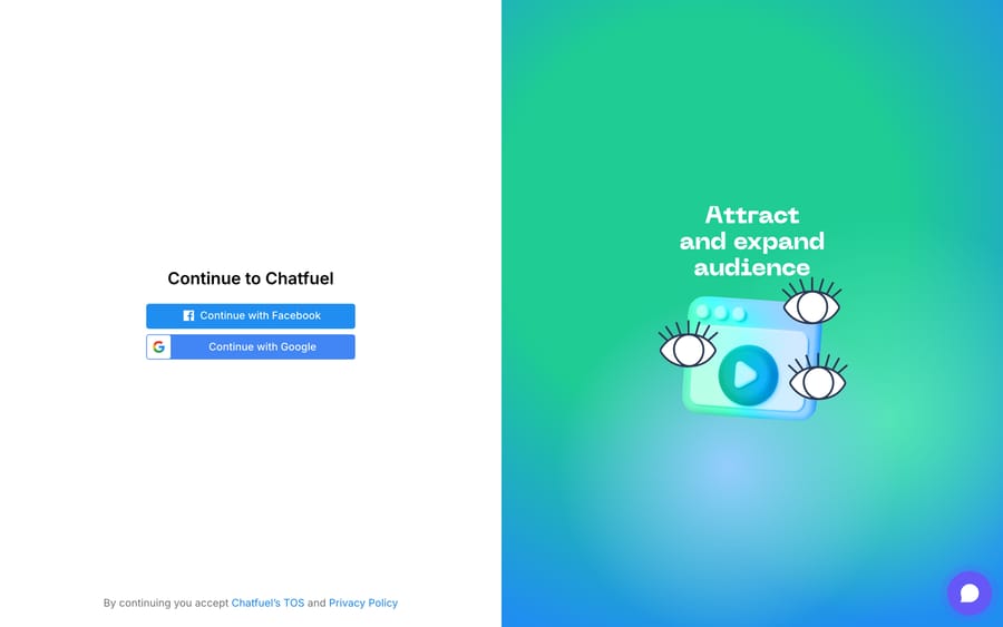 Chatfuel sign-in page offers only Continue with Facebook or Continue with Google