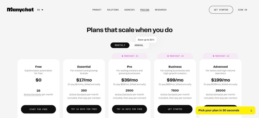 Manychat pricing, monthly view, Sep 19 2026: Pro $39 for 2,500 contacts, Business $99 for 7,500