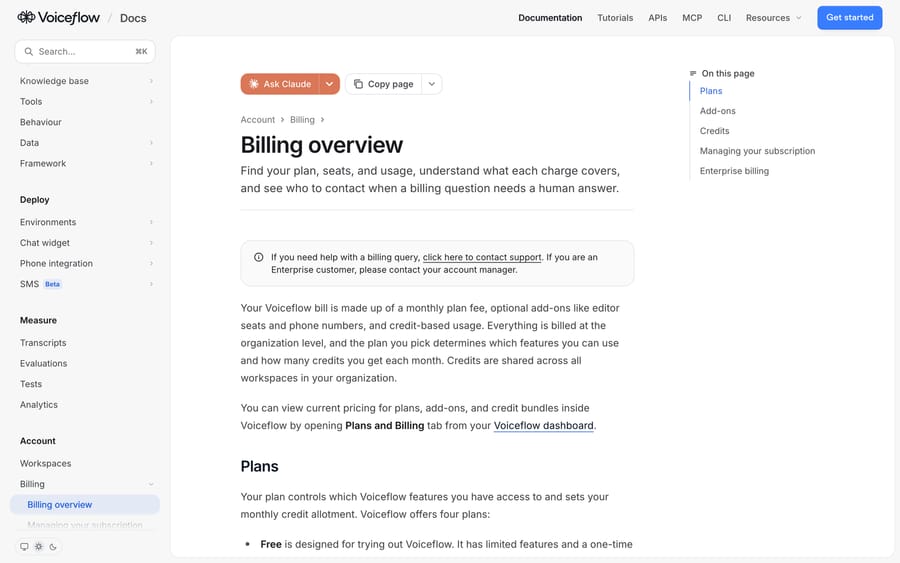 Voiceflow billing overview: plan fee, add-ons such as editor seats, and credit-based usage
