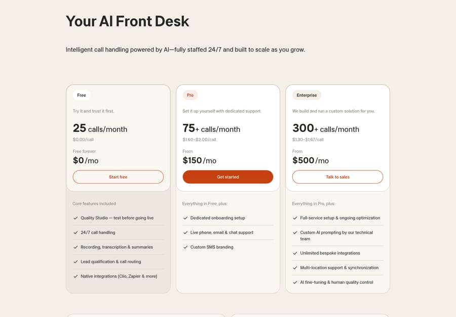Smith.ai AI Receptionist plans: Free 25 calls $0, Pro from $150, Enterprise from $500 a month