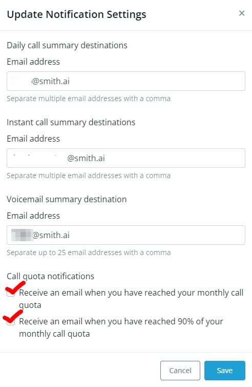 Smith.ai notification settings with call quota alerts at 90% and 100% of the monthly quota