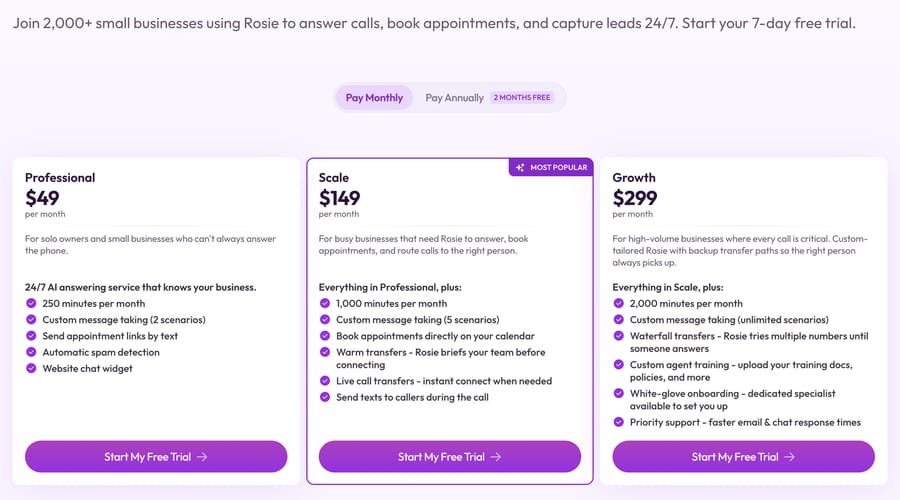Rosie AI answering plans: Professional $49, Scale $149, Growth $299 a month with minute caps