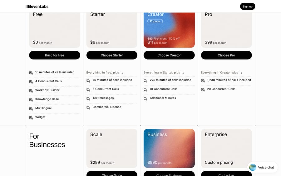ElevenAgents plans, Sep 19, 2026: Free $0, Starter $6, Creator $11 first month, Pro $99, Scale $299, Business $990