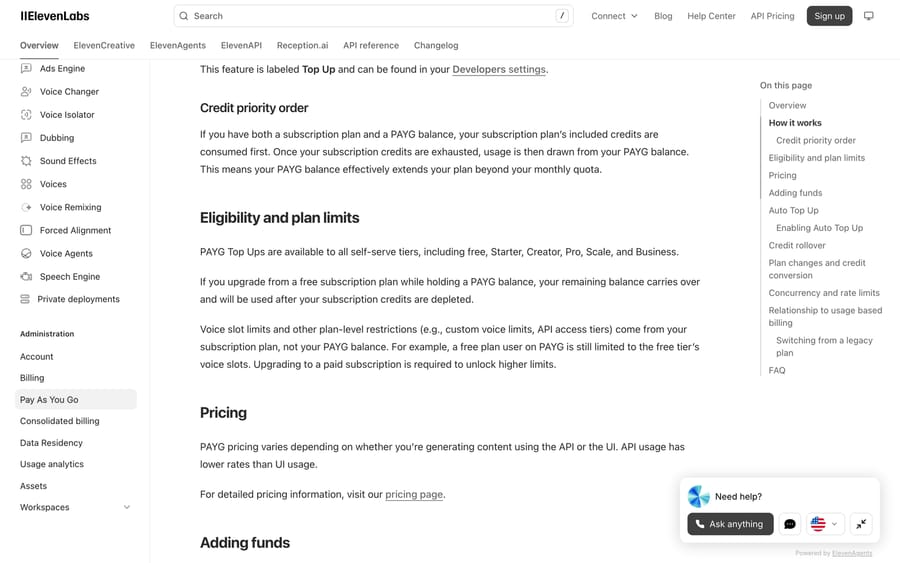 ElevenLabs Pay As You Go docs: plan credits are used first, then the prepaid balance, on every self-serve tier