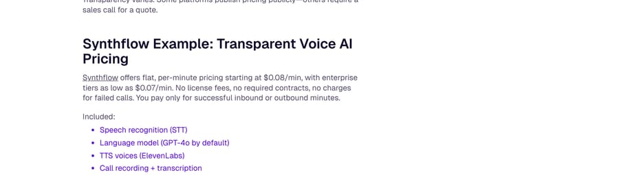 Synthflow's Aug 2025 blog: flat per-minute pricing from $0.08, enterprise tiers as low as $0.07