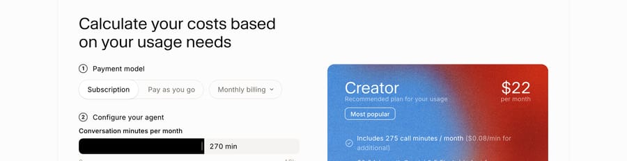 ElevenLabs Agents calculator (Sept 19, 2026): Creator plan, 275 call minutes, $0.08 per extra minute