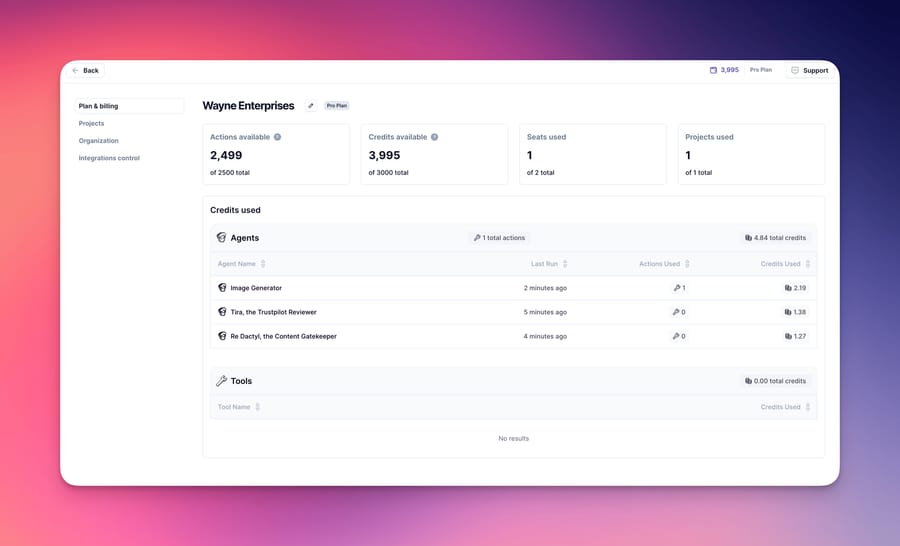 Relevance AI Plan & billing screen from its docs: Actions and credits available, credits used by agent