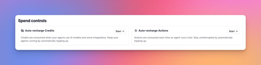 Relevance AI Spend controls screen from its docs with Auto-recharge Credits and Auto-recharge Actions