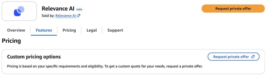 AWS Marketplace listing for Relevance AI, 19 Sep 2026: custom pricing options, request private offer