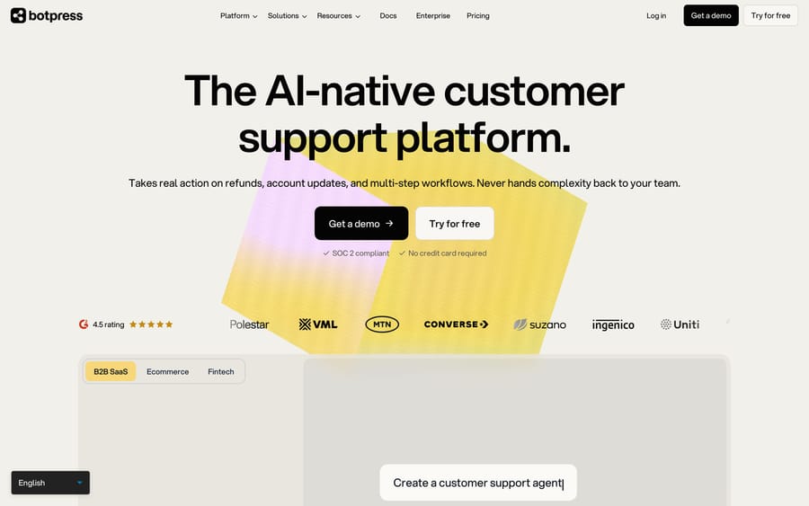 Botpress homepage: an AI agent platform for customer support, with Get a demo and Try for free