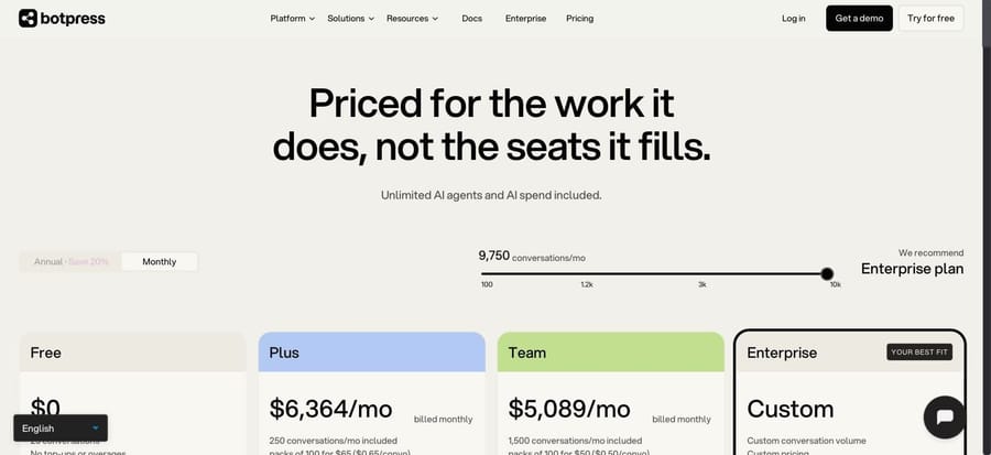 Botpress calculator at 9,750 conversations, monthly billing: Team $5,089, and it recommends Enterprise