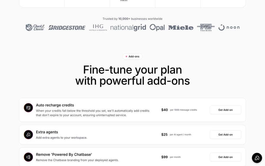 Chatbase add-ons, Sep 19 2026: auto-recharge at $40 per 1,000 message credits, extra agents $25
