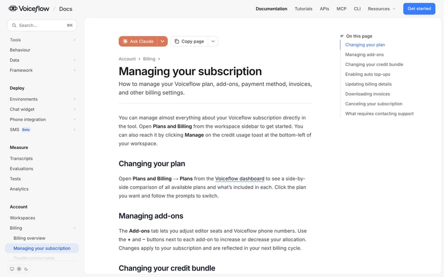 Voiceflow subscription docs: change plans, add editor seats and phone numbers, change credit bundles