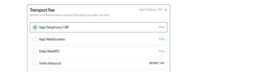 Vapi transport fees (Sept 19, 2026): own telephony free, Twilio inbound $0.008/min