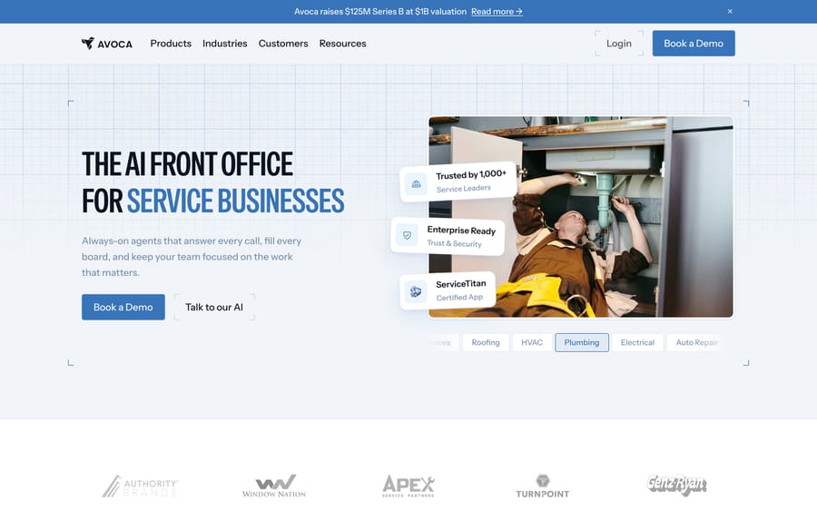 Avoca homepage: "The AI front office for service businesses," Book a Demo, ServiceTitan certified, Sep 19, 2026