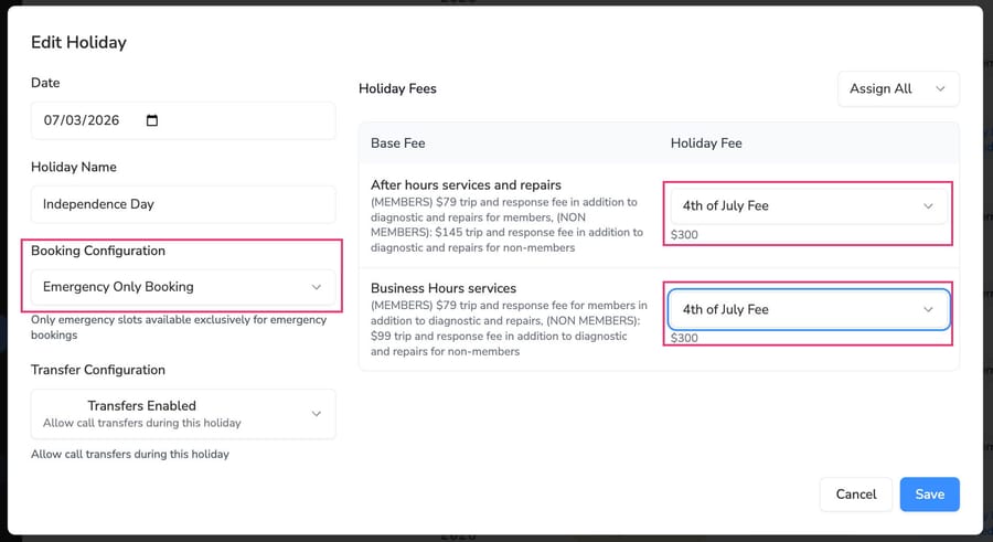 Avoca help center: Edit Holiday dialog with Emergency Only Booking and $300 holiday fees