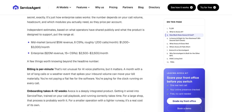 ServiceAgent's Avoca estimate: $1,000–$3,000 mid-market, $2,500–$3,500 enterprise, "Billing is per-minute"