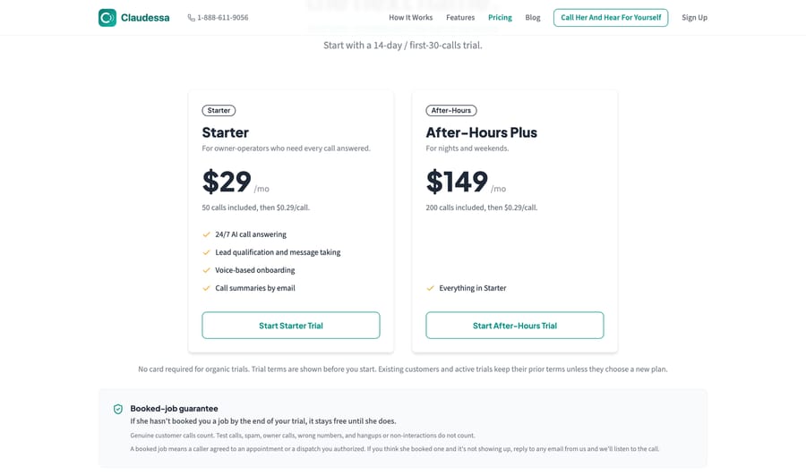 Claudessa AI receptionist: Starter $29 for 50 calls, After-Hours Plus $149 for 200, then $0.29 a call