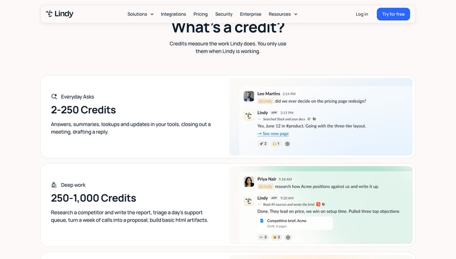 Lindy's credit bands, Sep 19, 2026: everyday asks 2 to 250 credits, deep work 250 to 1,000