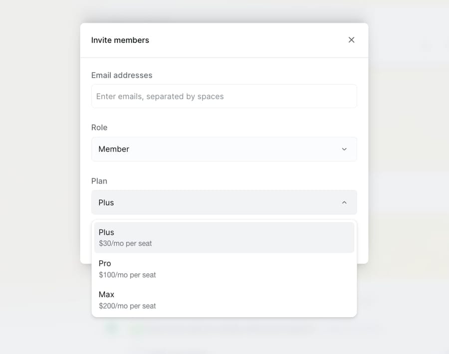 Lindy's invite dialog: each member gets a plan, Plus $30, Pro $100 or Max $200 per seat a month