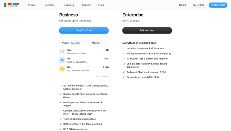 Dust pricing, Sep 19, 2026: Pro $24 a seat with 8,000 credits, Max $120 with 40,000, billed yearly