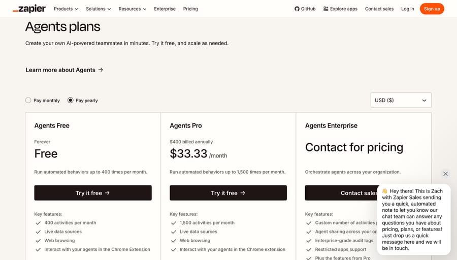 Zapier Agents plans, Sep 19, 2026: Free for 400 activities, Pro $33.33 a month billed yearly for 1,500