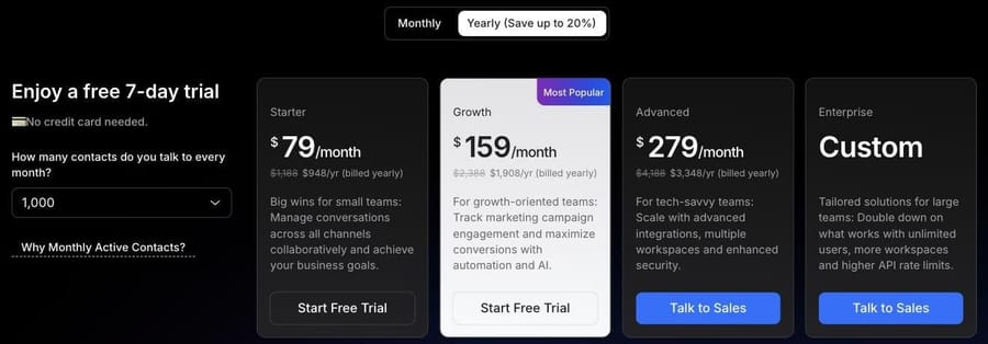 respond.io pricing on 19 Sep 2026, yearly at 1,000 contacts: Starter $79, Growth $159, Advanced $279, Enterprise custom