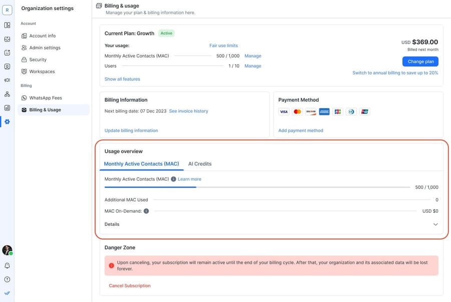 respond.io Billing & usage screen from its help center: Growth plan, contacts and users used, next bill