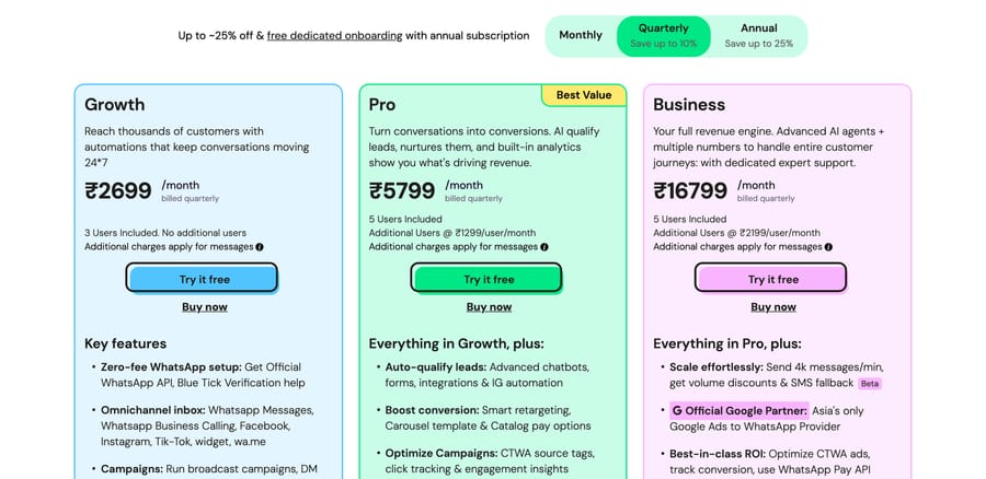 Wati pricing as shown in India: Growth ₹2,699, Pro ₹5,799, Business ₹16,799 a month billed quarterly