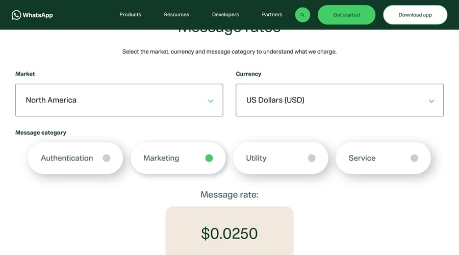 Meta's WhatsApp rate tool: North America, USD, marketing message rate $0.0250