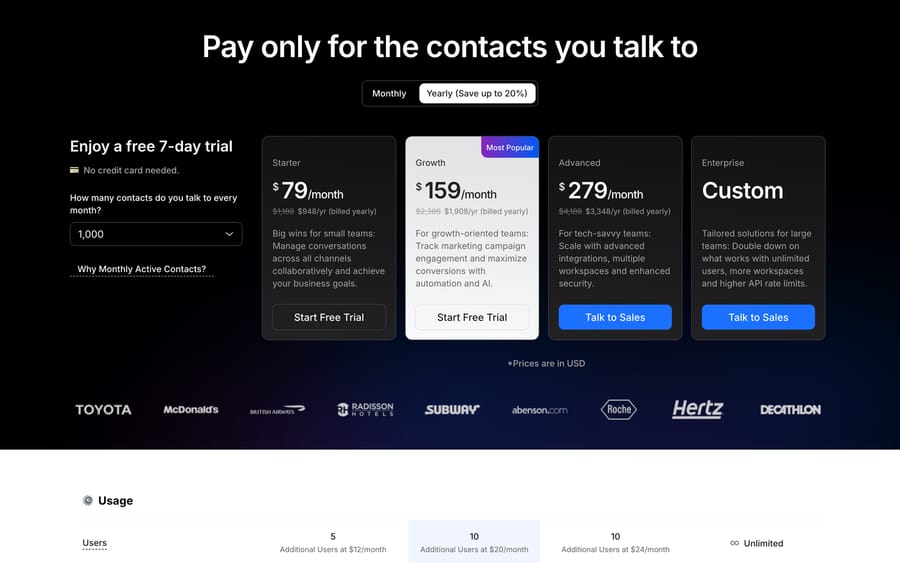 respond.io plans: Starter $79, Growth $159, Advanced $279 a month billed yearly; 7-day free trial