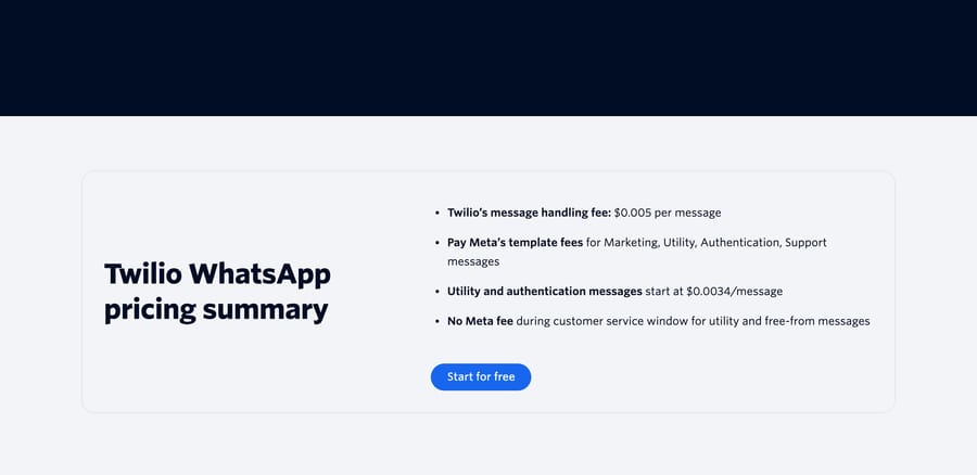 Twilio WhatsApp pricing: $0.005 handling fee per message plus Meta's template fees