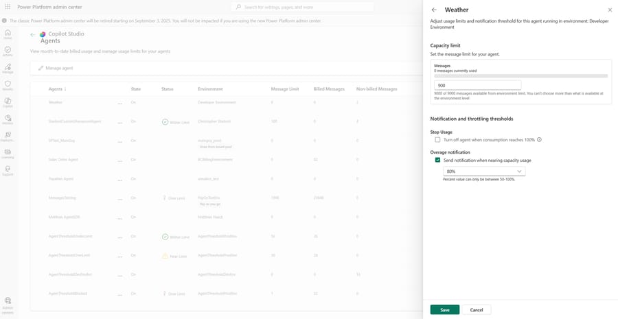 Power Platform admin center (Microsoft Learn): billed usage per agent, a usage limit and an 80% alert