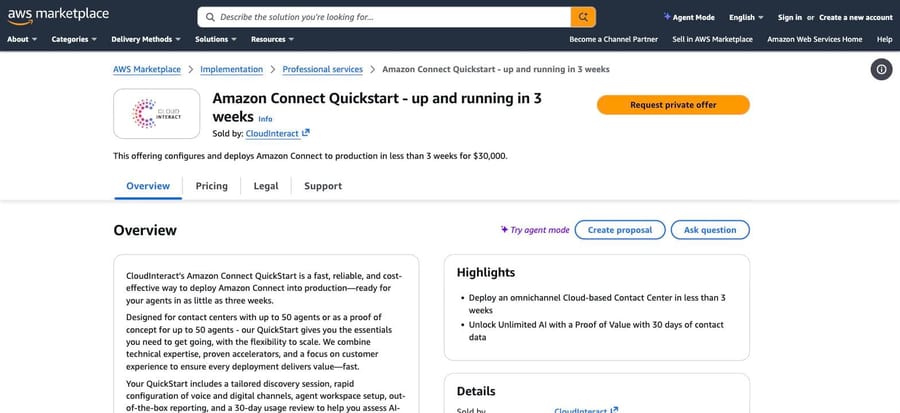 CloudInteract's AWS Marketplace listing: Amazon Connect Quickstart deployed in 3 weeks for $30,000, Sep 19, 2026
