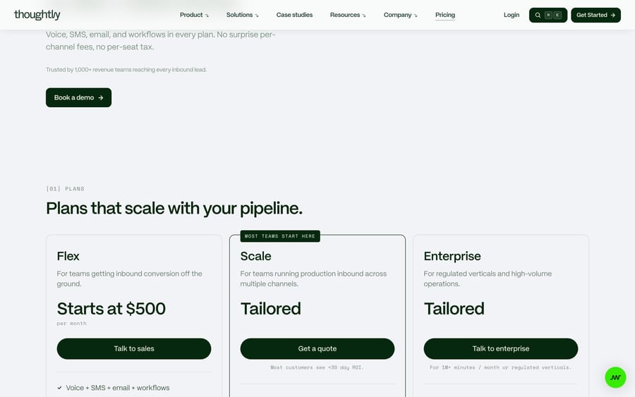 Thoughtly pricing, Sept 19, 2026: Flex starts at $500 a month; Scale and Enterprise are tailored