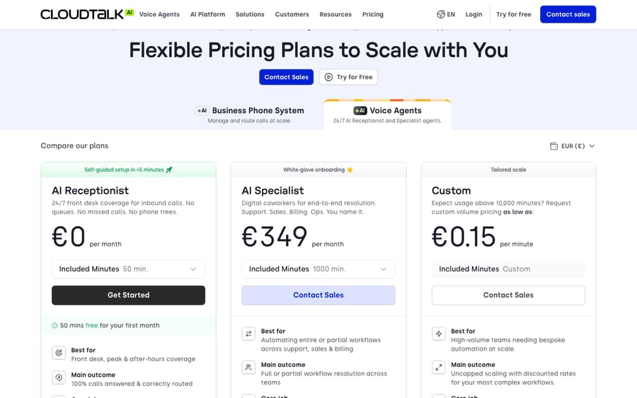 CloudTalk Voice Agents tab (shown to us in euros): Receptionist €0, Specialist €349, custom €0.15/min
