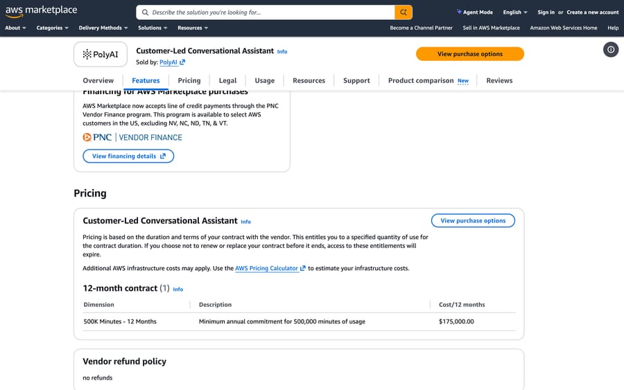PolyAI's AWS Marketplace listing, Sept 19, 2026: 500K minutes over 12 months for $175,000