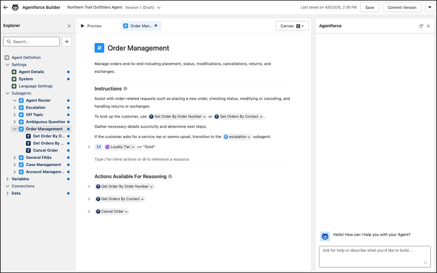 Agentforce Builder in Salesforce's Trailhead module: an Order Management subagent with three actions for reasoning