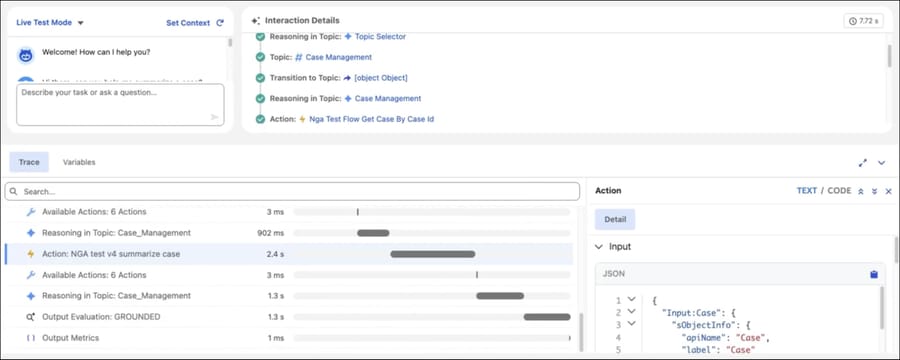 Agentforce Live Test trace on Trailhead: free topic steps, then Action lines such as a Flow that fetches a case
