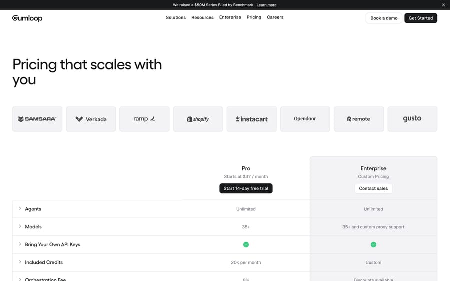 Gumloop pricing, 19 Sep 2026: Pro starts at $37 a month with a 14-day trial; Enterprise custom