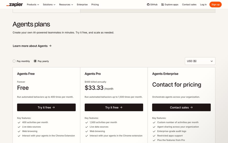 Zapier Agents plans, 19 Sep 2026: Free 400 activities, Pro $33.33/mo billed annually for 1,500