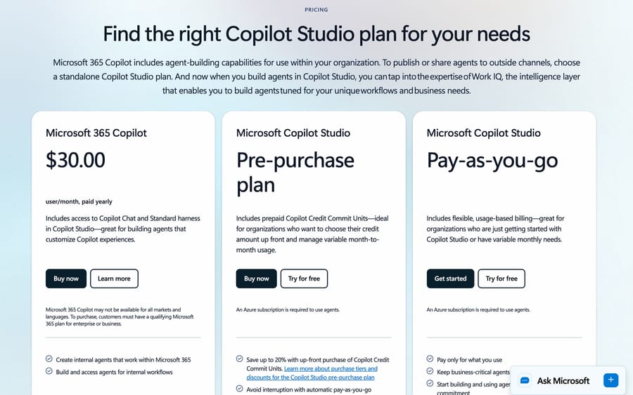 Copilot Studio plans, 19 Sep 2026: Microsoft 365 Copilot $30, a pre-purchase plan and pay-as-you-go